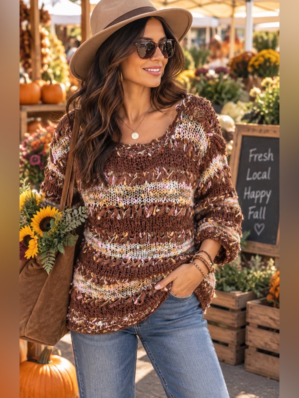 Boho Brown Open Knit Ribbon Yarn Sweater Top Pink Olive Cream M/L